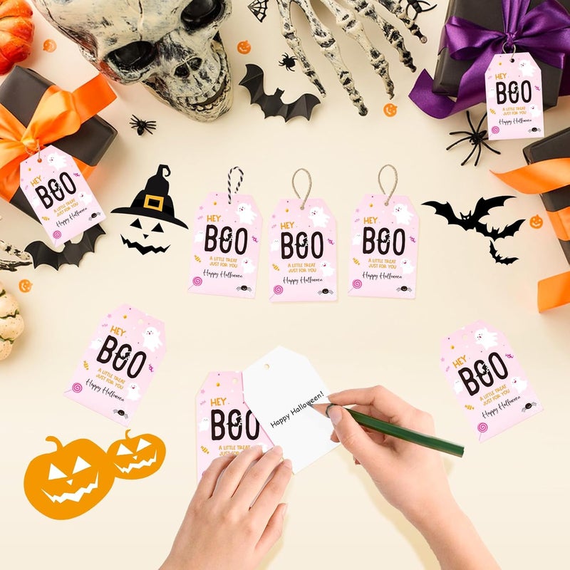 g2plus Happy Halloween Tags, 50Pcs Halloween Treat Paper Tags, Ghost Boo Gift Tag with String for Gift Wrapping, Halloween Party Favors - Image 4